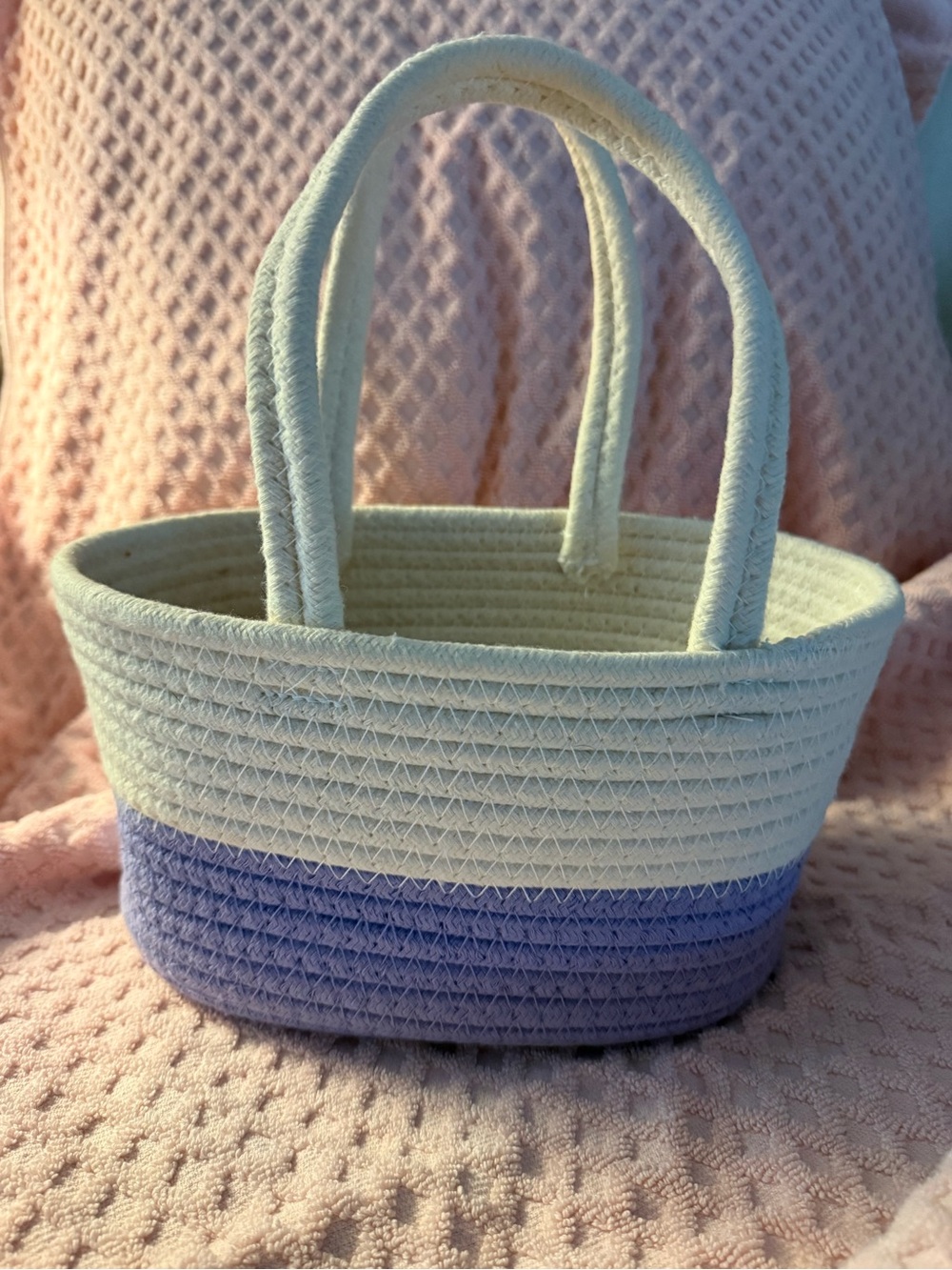 Source Unknown Cream and Lavender Rope Tote Basket